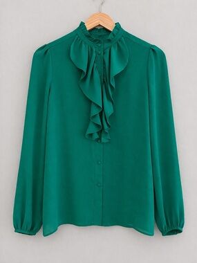 Who What Wear  Emerald Green Ruffle Front Blouse Long Sleeve Sheer Button  S